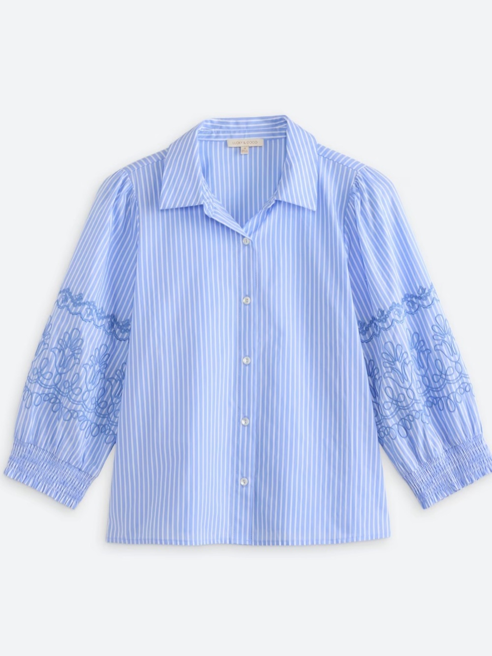 LUCKY & COCO Birdie Embroidered Sleeve Shirt light blue 100%cotton Size large